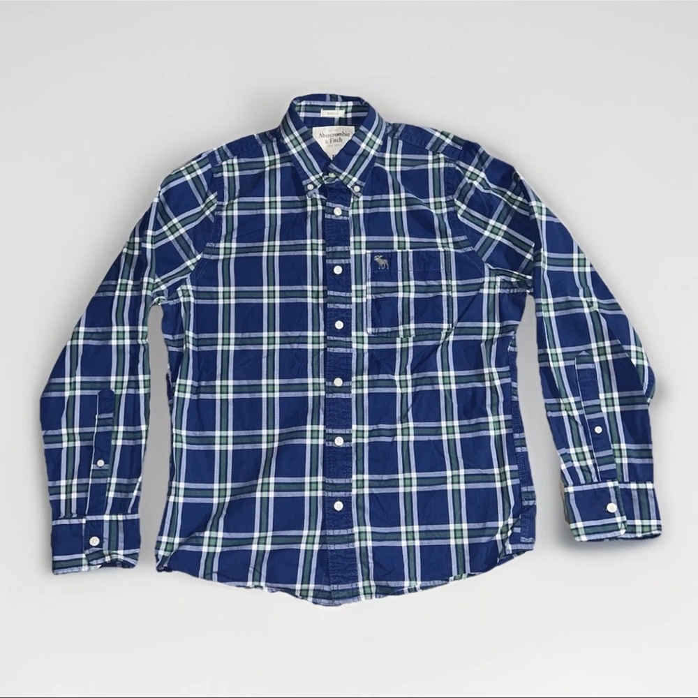 Y2K Abercrombie & Fitch Shirt Mens XL Blue Muscle Button Up Plaid Long Sleeve